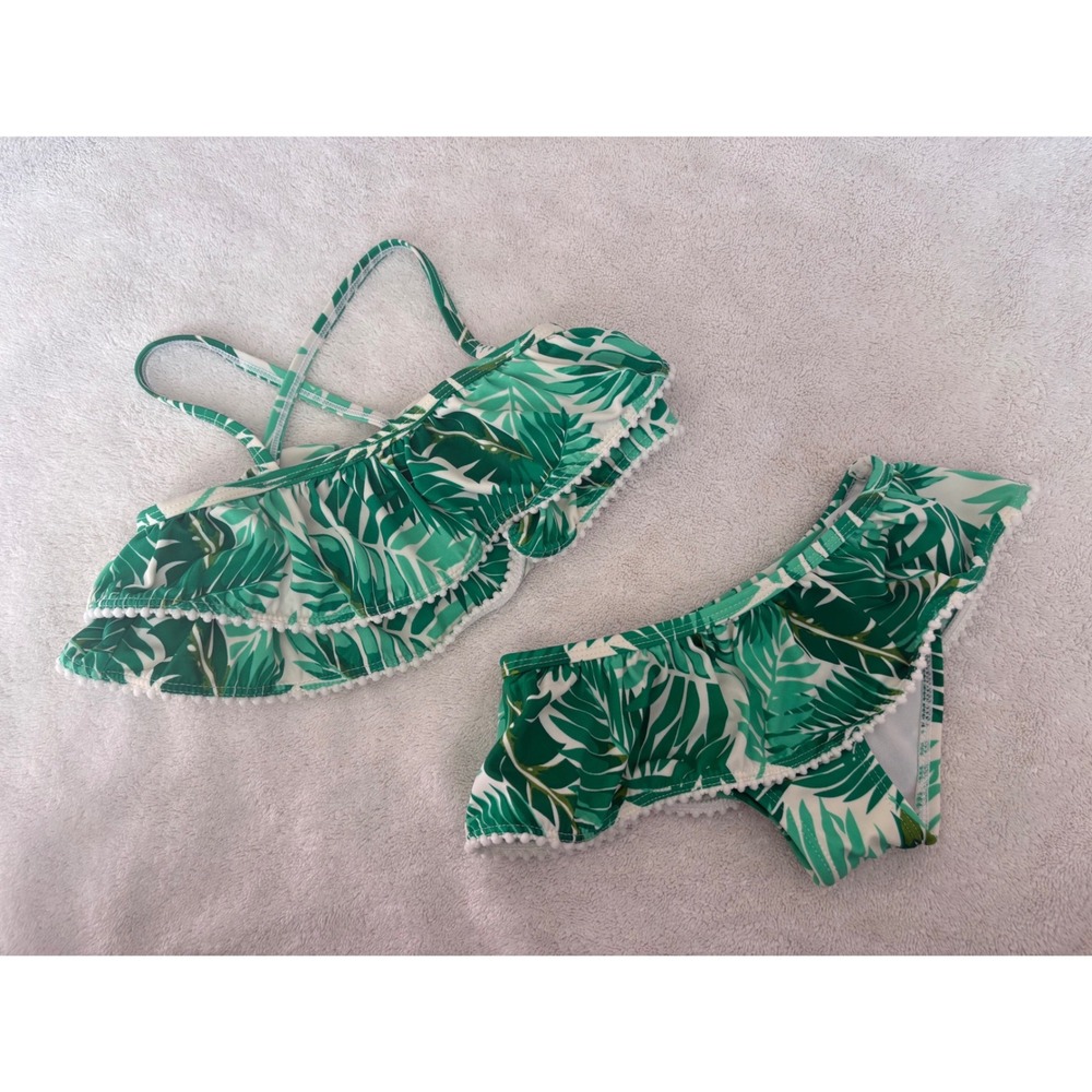 Janie and Jack Girls Green Tropical Palm Leaf Ruffle Pom Pom Bikini Swimsuit 3T